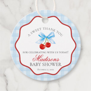 Cherry Sweet Blue Coquette Bow Baby Shower Circle Favor Tags