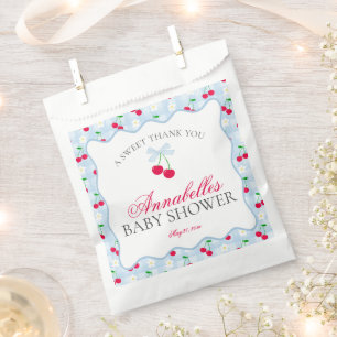 Cherry Sweet Blue Coquette Bow Baby Shower Dessert Favor Bag