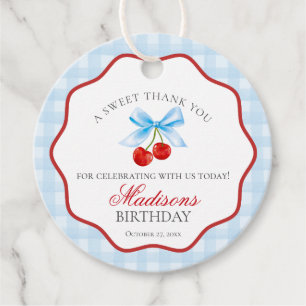 Cherry Sweet Blue Coquette Bow Birthday Circle Favor Tags