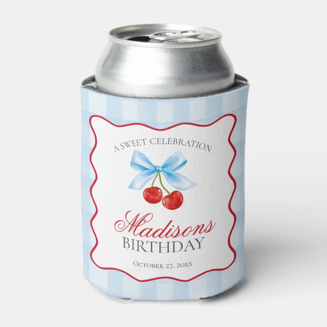 Cherry Sweet Blue Coquette Bow Birthday Favor Can Cooler (Can Front)