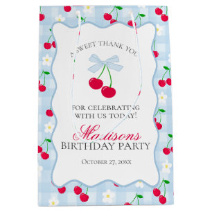 Cherry Sweet Blue Coquette Bow Birthday Favors Medium Gift Bag