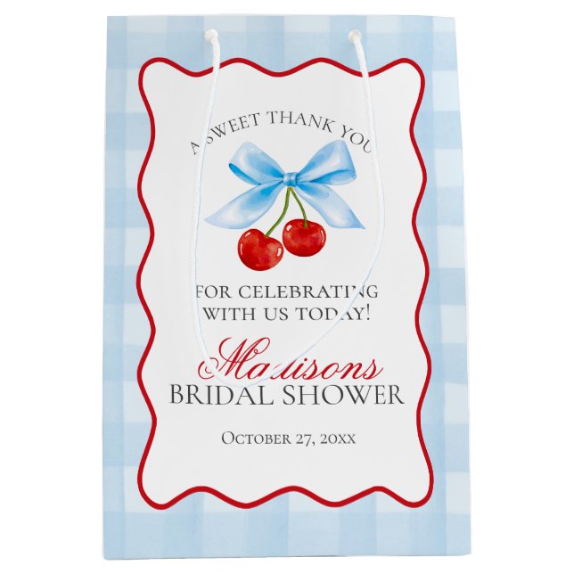 Cherry Sweet Blue Coquette Bow Bridal Shower Favor Medium Gift Bag (Front)