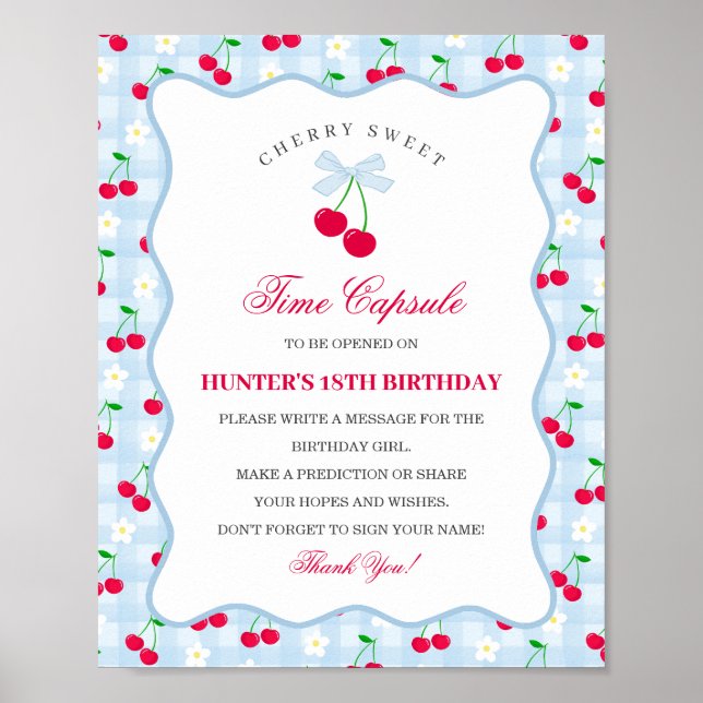 Cherry Sweet Blue Coquette Bow Gingha Time Capsule Poster (Front)