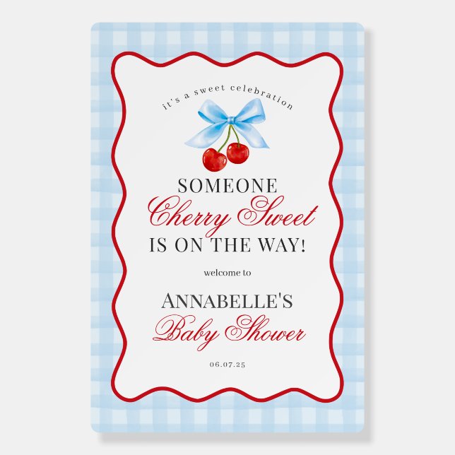 Cherry Sweet Blue Coquette Bow Gingham Baby Shower Foam Board (Front)