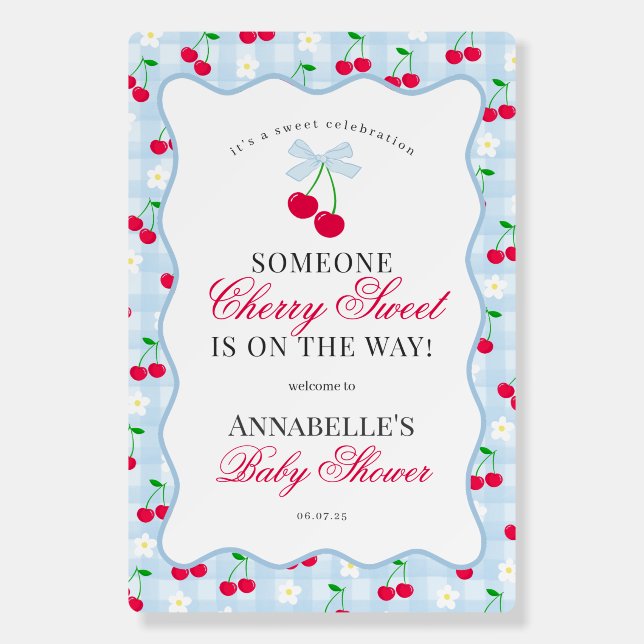 Cherry Sweet Blue Coquette Bow Gingham Baby Shower Foam Board (Front)
