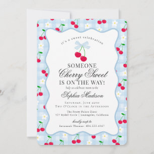 Cherry Sweet Blue Coquette Bow Gingham Baby Shower Invitation
