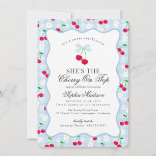 Cherry Sweet Blue Coquette Bow Gingham Baby Shower Invitation