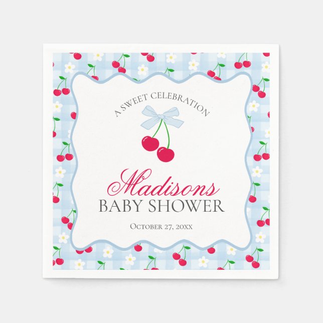 Cherry Sweet Blue Coquette Bow Gingham Baby Shower Napkins (Front)