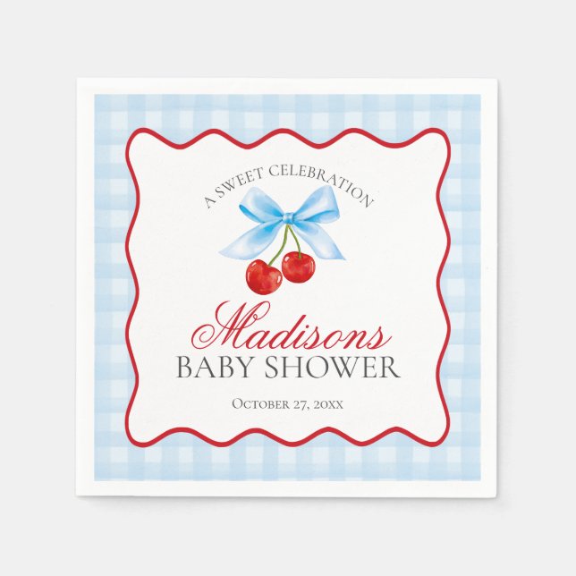 Cherry Sweet Blue Coquette Bow Gingham Baby Shower Napkins (Front)