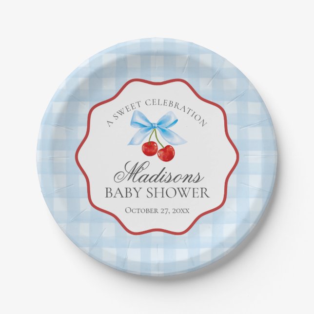 Cherry Sweet Blue Coquette Bow Gingham Baby Shower Paper Plates (Front)
