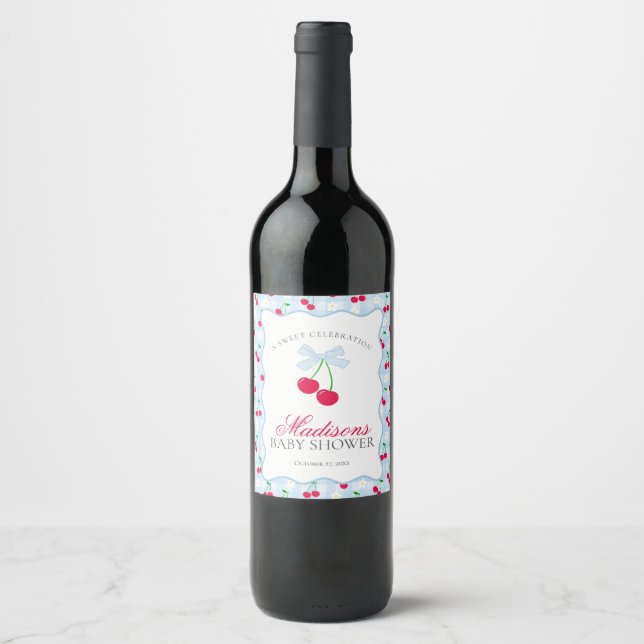 Cherry Sweet Blue Coquette Bow Gingham Baby Shower Wine Label (Front)