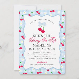 Cherry Sweet Blue Coquette Bow Gingham Birthday Invitation
