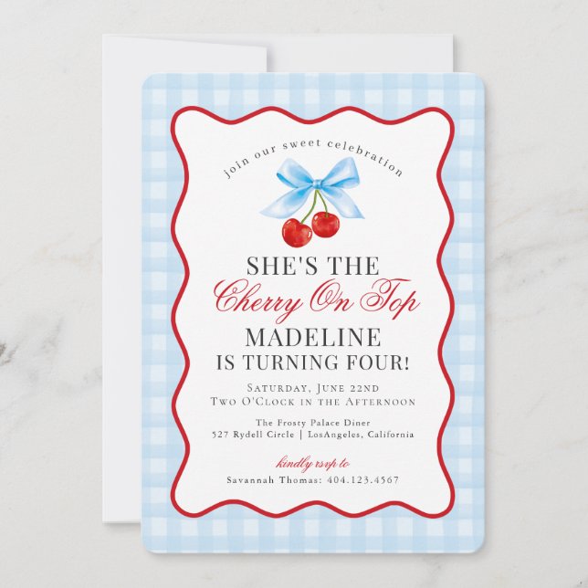 Cherry Sweet Blue Coquette Bow Gingham Birthday Invitation (Front)