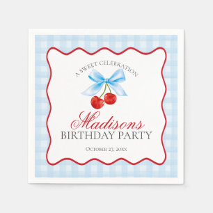 Cherry Sweet Blue Coquette Bow Gingham Birthday Napkins