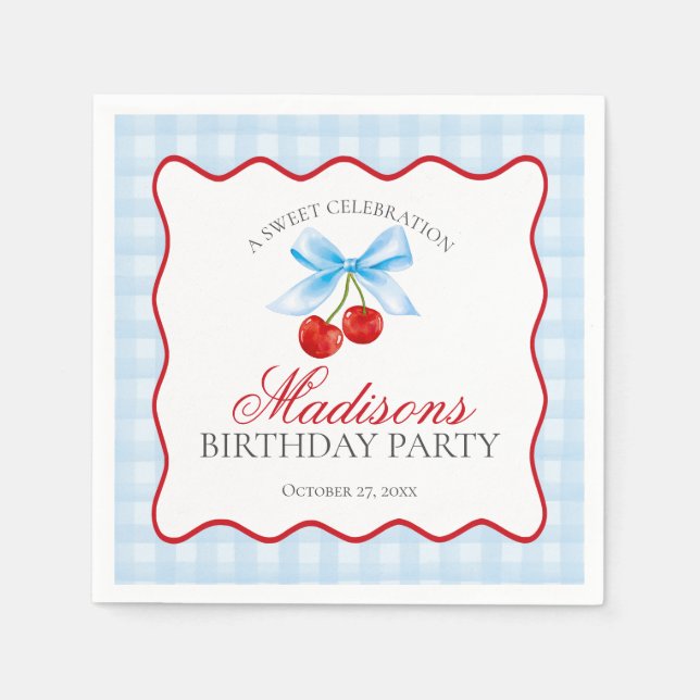 Cherry Sweet Blue Coquette Bow Gingham Birthday Napkins (Front)