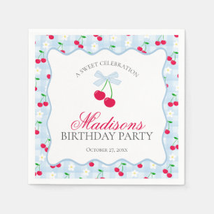 Cherry Sweet Blue Coquette Bow Gingham Birthday Napkins