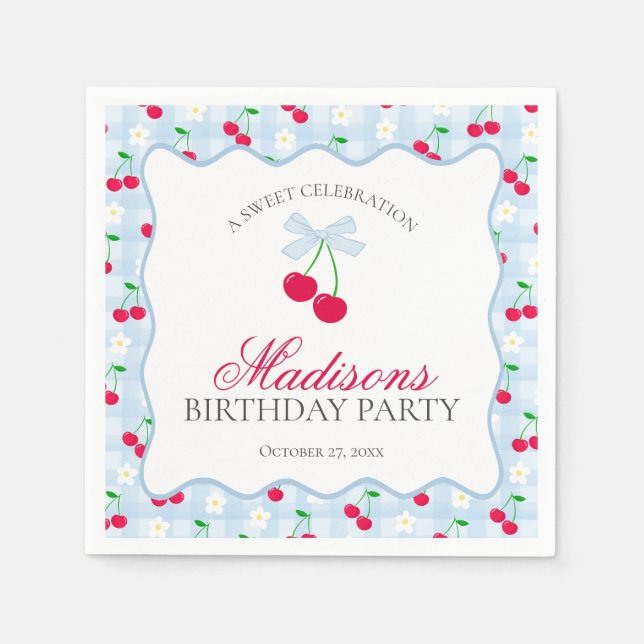 Cherry Sweet Blue Coquette Bow Gingham Birthday Napkins (Front)