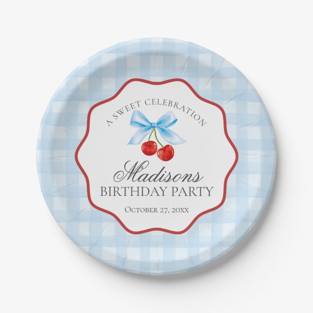 Cherry Sweet Blue Coquette Bow Gingham Birthday Paper Plates (Front)