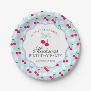 Cherry Sweet Blue Coquette Bow Gingham Birthday Paper Plates