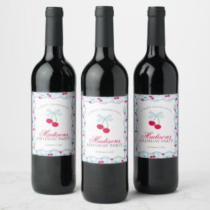 Cherry Sweet Blue Coquette Bow Gingham Birthday Wine Label