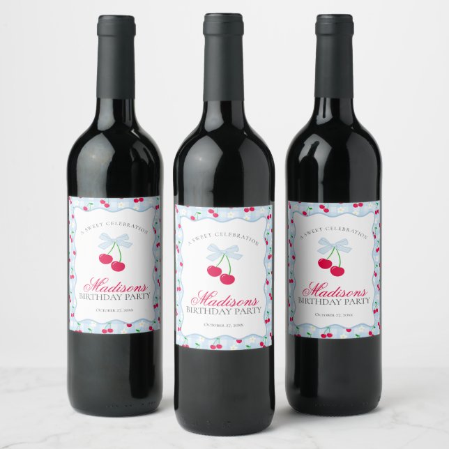Cherry Sweet Blue Coquette Bow Gingham Birthday Wine Label (Bottles)