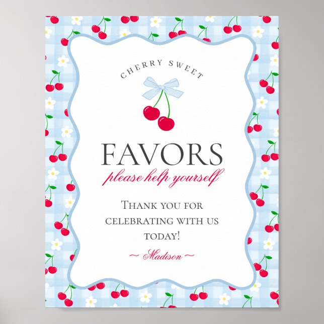 Cherry Sweet Blue Coquette Bow Gingham Favors Sign (Front)