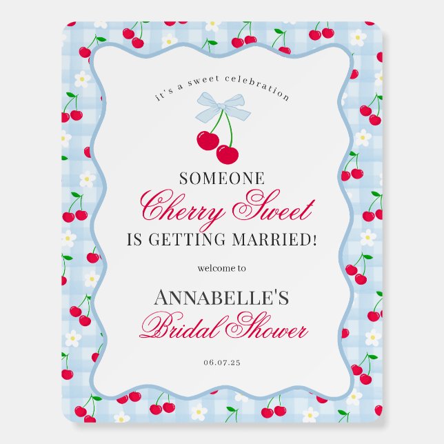 Cherry Sweet Blue Coquette Gingham Bridal Shower Foam Board (Front)
