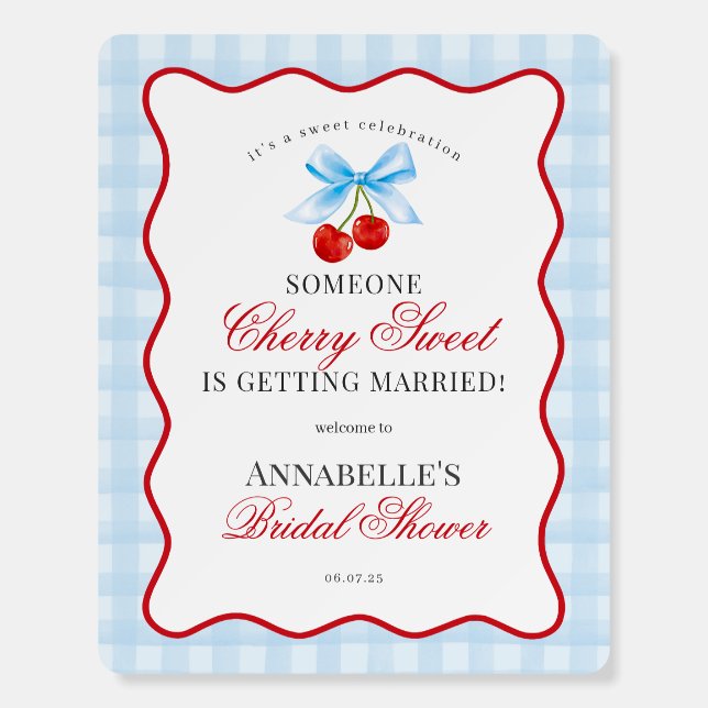 Cherry Sweet Blue Coquette Gingham Bridal Shower Foam Board (Front)