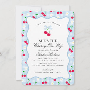 Cherry Sweet Blue Coquette Gingham Bridal Shower Invitation