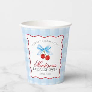 Cherry Sweet Blue Coquette Gingham Bridal Shower Paper Cups