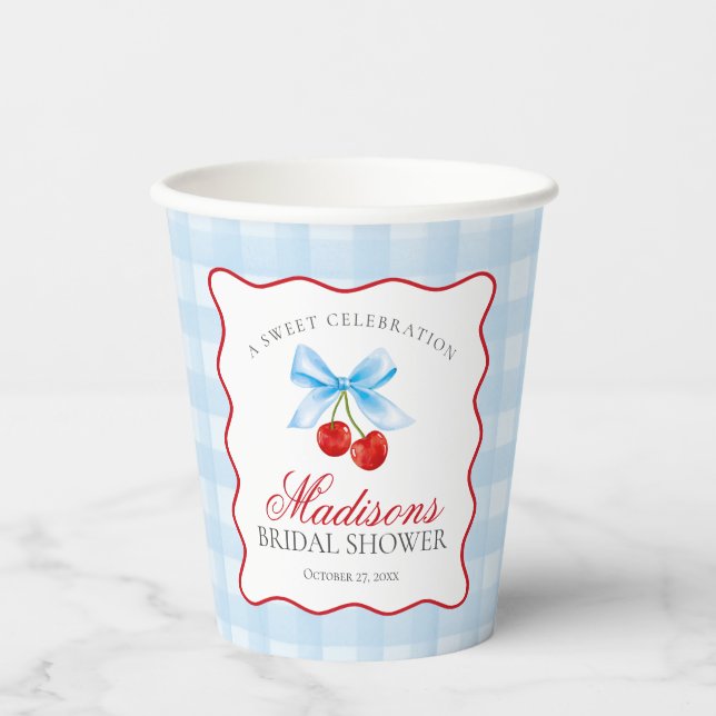Cherry Sweet Blue Coquette Gingham Bridal Shower Paper Cups (Front)