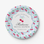 Cherry Sweet Blue Coquette Gingham Bridal Shower Paper Plates