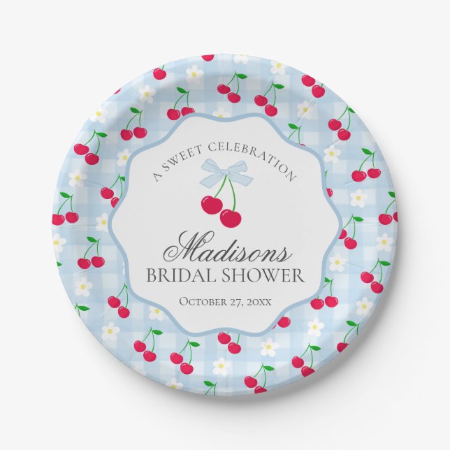 Cherry Sweet Blue Coquette Gingham Bridal Shower Paper Plates (Front)
