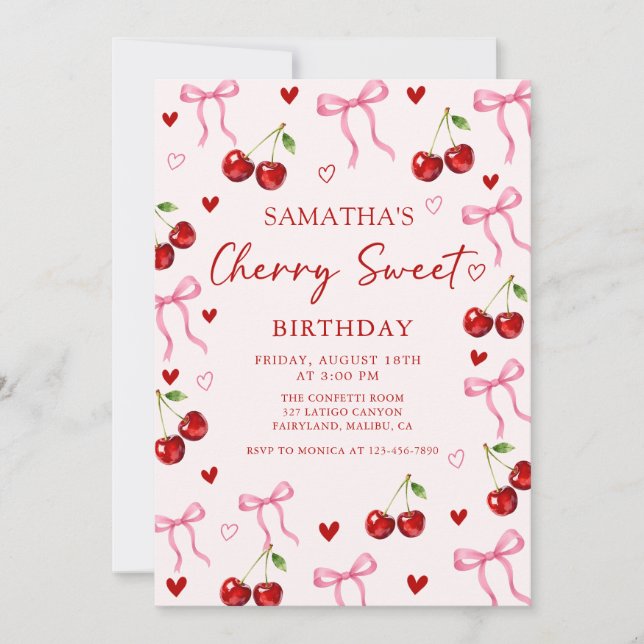Cherry Sweet Bow Birthday Invitation (Front)