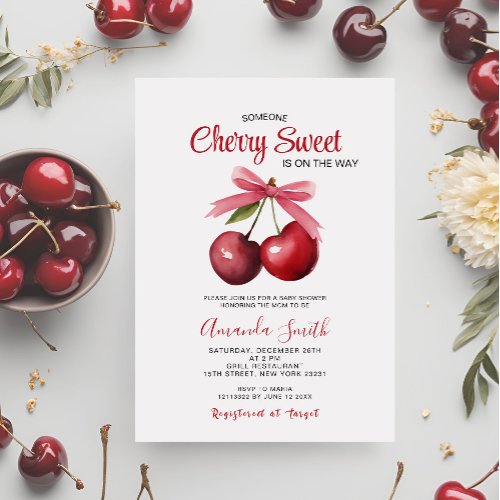 Cherry Sweet Bow Is On The Way Baby Shower  Invitation