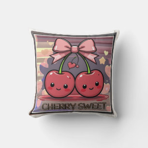 Cherry Sweet Cute Cherries Pink Coquette Bow Throw Pillow