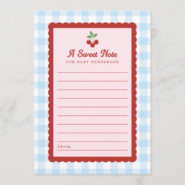 Cherry Sweet Note Baby Shower Flat Advice Card (Front)