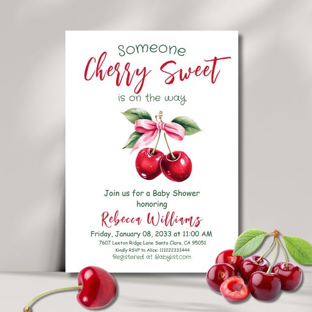 Cherry Sweet Pink Bow Fruit Girl Baby Shower Invitation (Creator Uploaded)