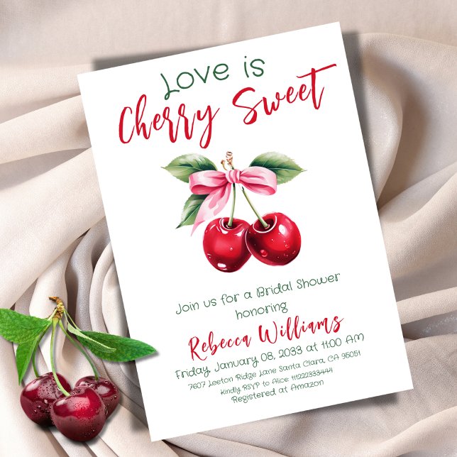 Cherry Sweet Pink Bow Fruit Themed Bridal Shower Invitation (Creator Uploaded)