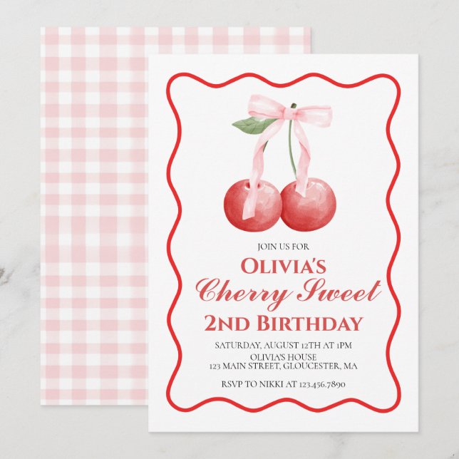 Cherry Sweet Pink Bow preppy birthday Invitation (Front/Back)