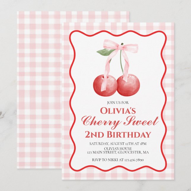 Cherry Sweet Pink Bow preppy birthday Invitation (Front/Back)