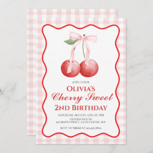 Cherry Sweet Pink Bow preppy birthday Invitation