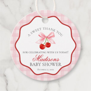 Cherry Sweet Pink Coquette Bow Baby Shower Circle Favor Tags