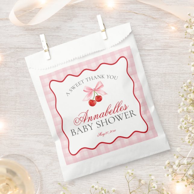 Cherry Sweet Pink Coquette Bow Baby Shower Dessert Favor Bag (Clipped)