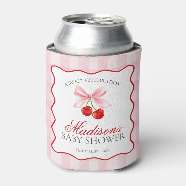 Cherry Sweet Pink Coquette Bow Baby Shower Favor Can Cooler (Can Front)