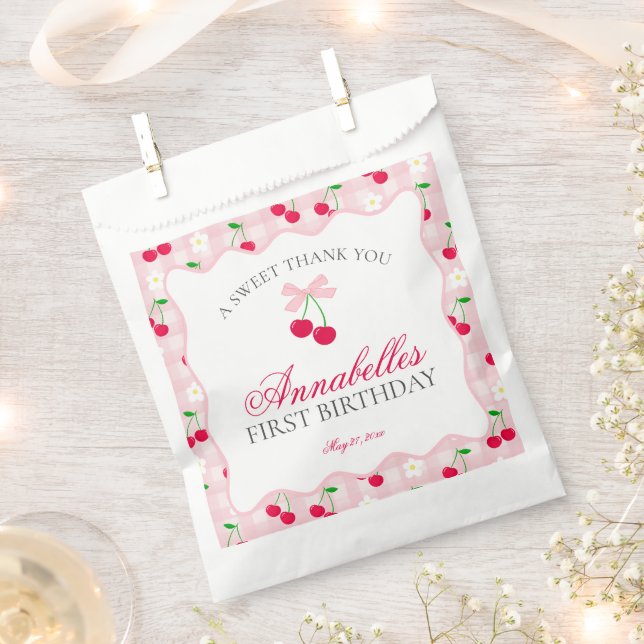 Cherry Sweet Pink Coquette Bow Birthday Dessert Favor Bag (Clipped)