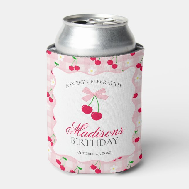 Cherry Sweet Pink Coquette Bow Birthday Favor Can Cooler (Can Front)
