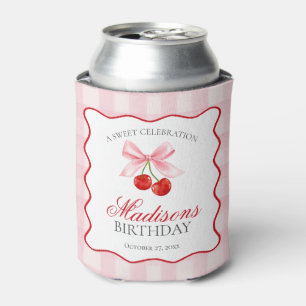 Cherry Sweet Pink Coquette Bow Birthday Favor Can Cooler