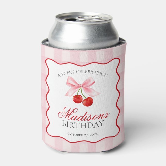 Cherry Sweet Pink Coquette Bow Birthday Favor Can Cooler (Can Front)