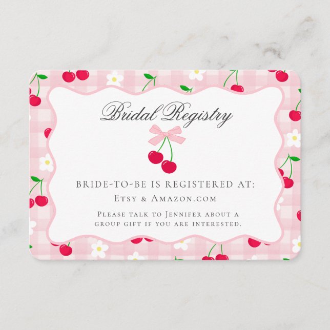 Cherry Sweet Pink Coquette Bow Bridal Registry Enclosure Card (Front)